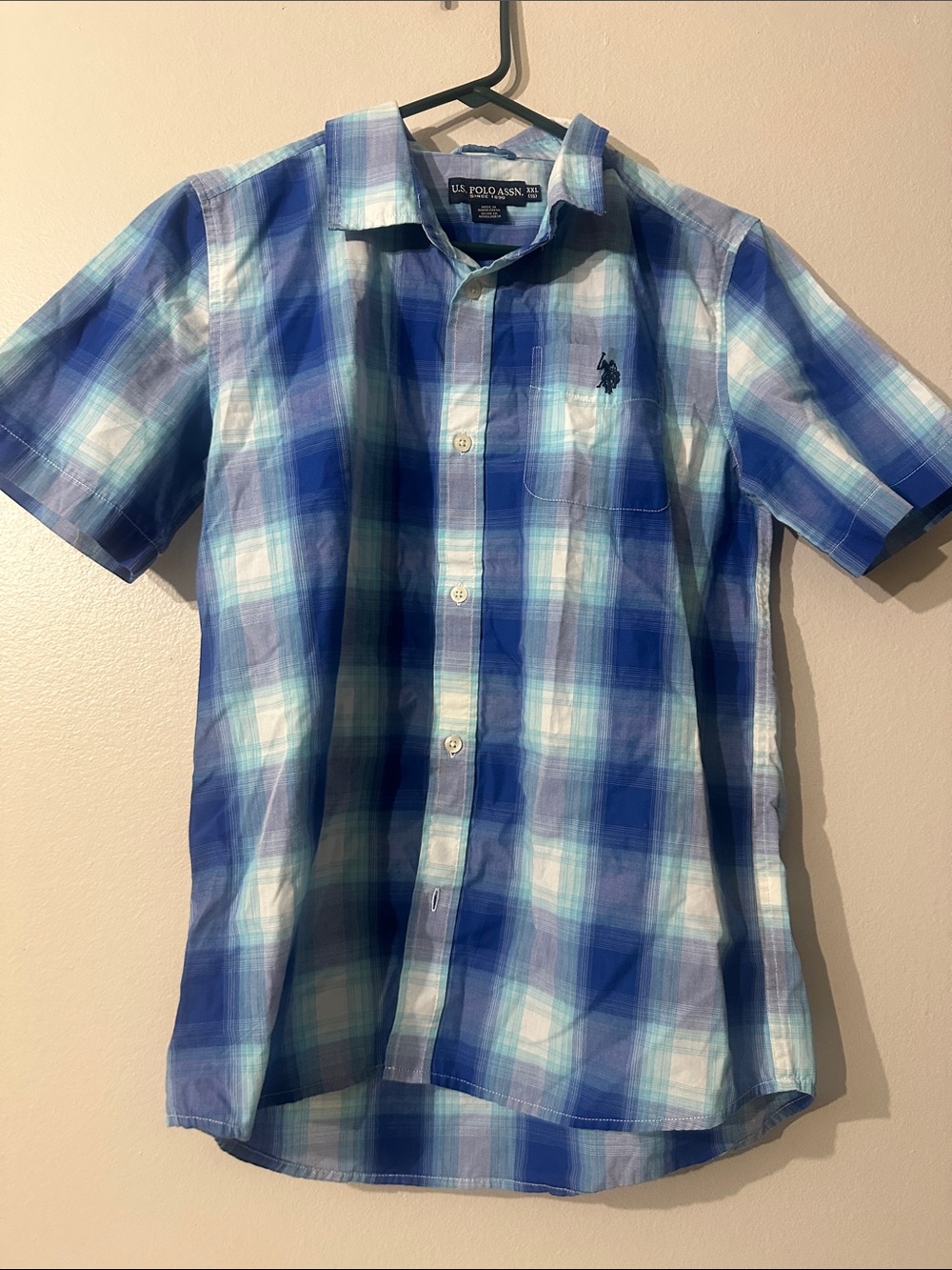 Junior U.S. Polo Assn. Blue Plaid Short Sleeve Button-Down Shirt Sz XXL